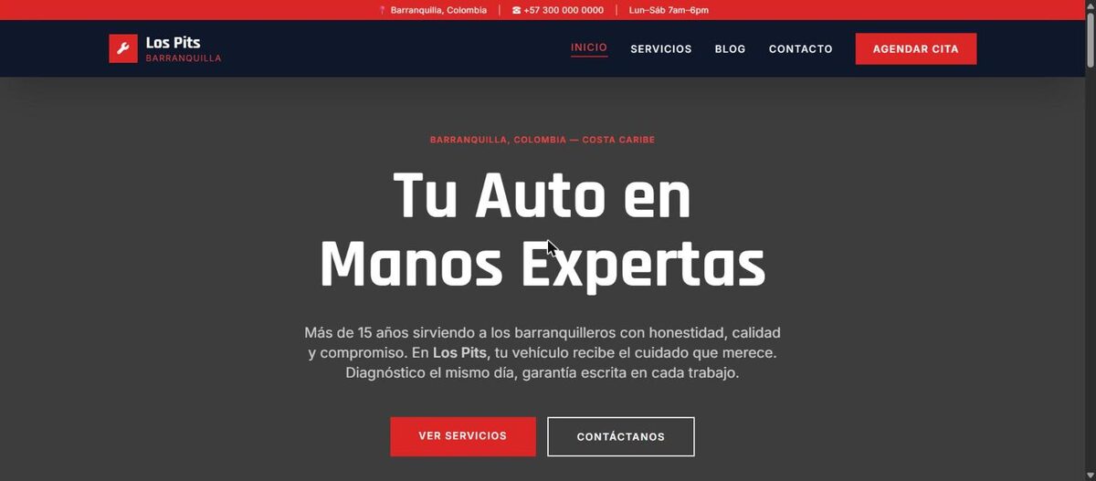 Captura del sitio del taller mecánico Los Pits en Barranquilla