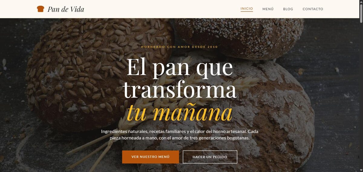 Captura del sitio de la panadería artesanal Pan de Vida